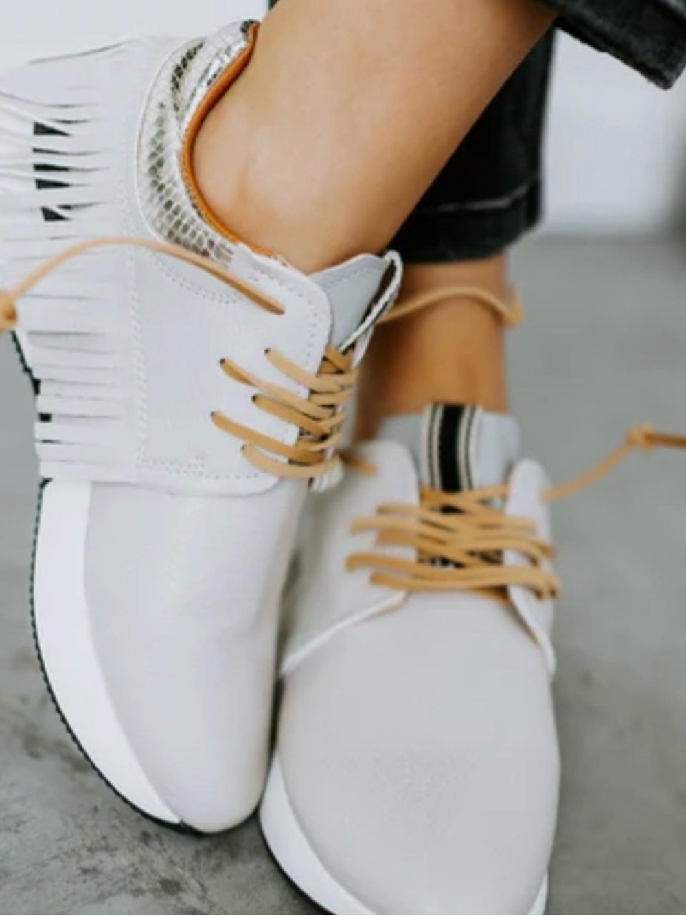 ShuShop White Fringe Sneakers with Tan Laces